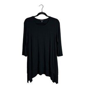 Eileen Fisher Jersey Knit Tunic‎ Top 3/4 Sleeve Stretchy Black Sharkbite Hem PM